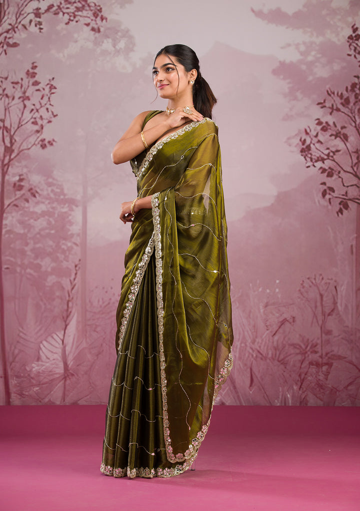 Mehendi Mirrorwork Organza Saree