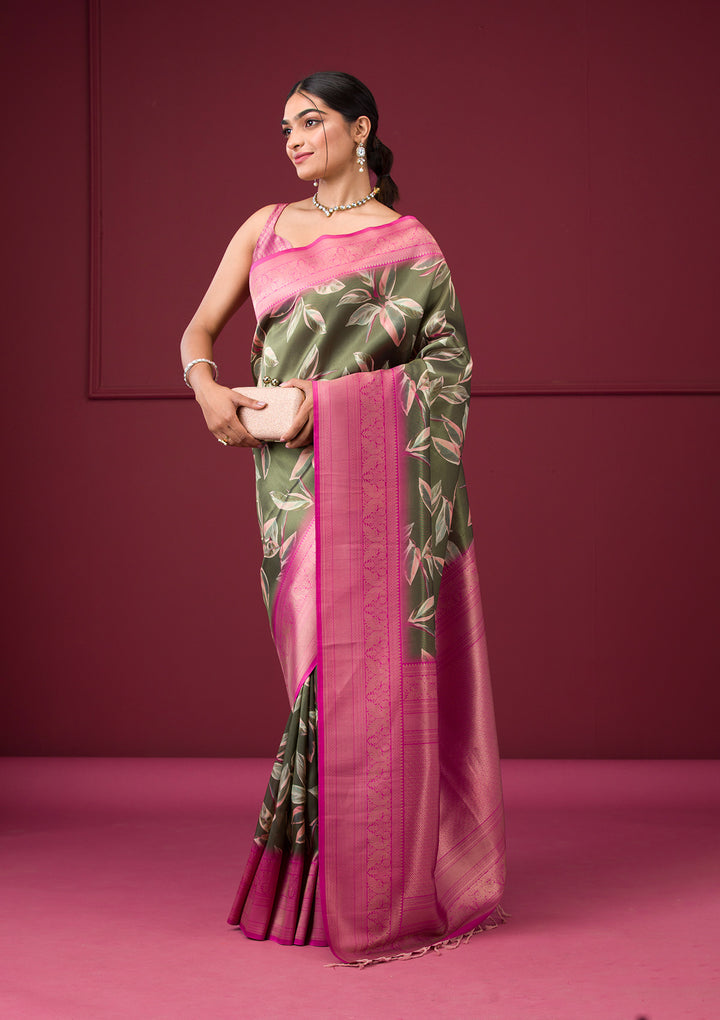 Mehendi Silk Kanjivaram Printed Saree With Matching Blouse Piece