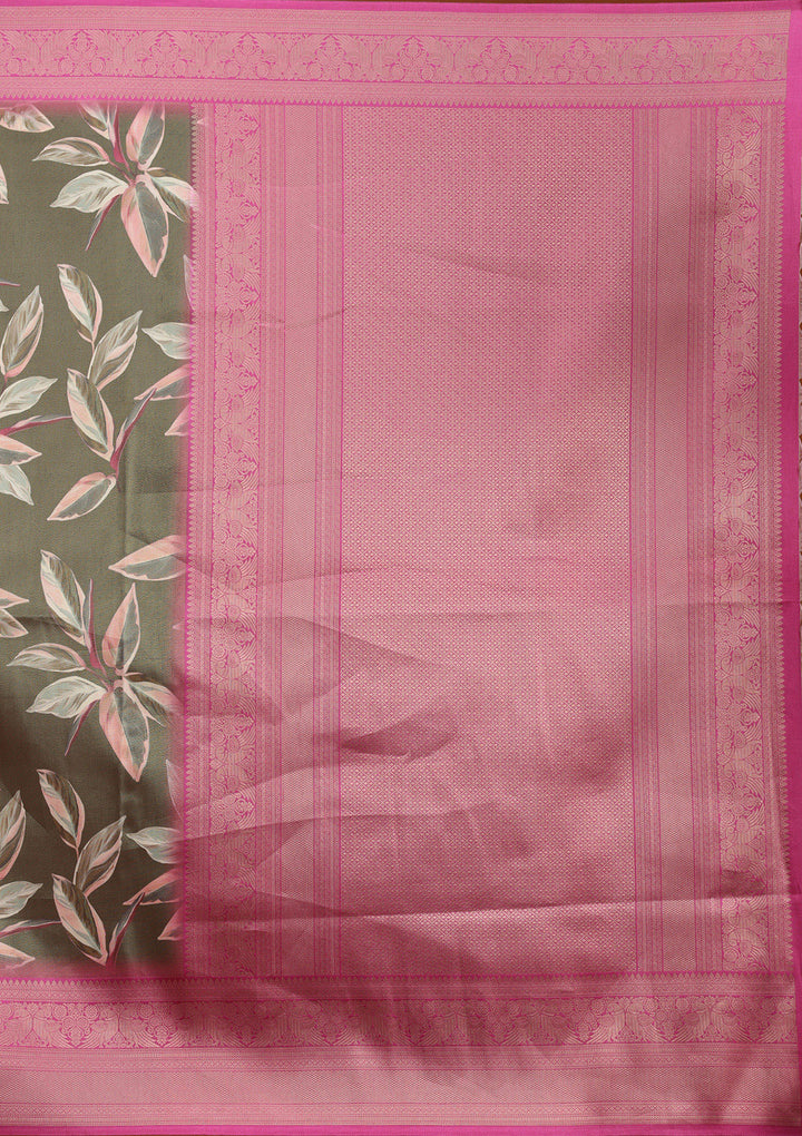 Mehendi Silk Kanjivaram Printed Saree With Matching Blouse Piece