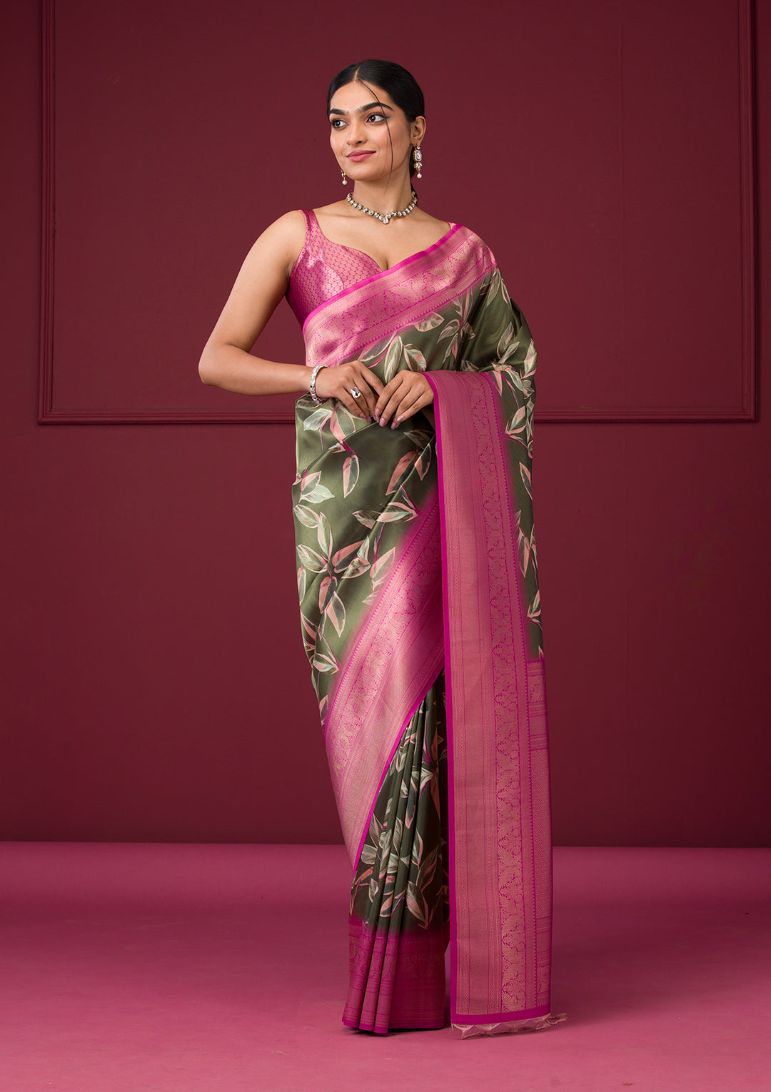 Mehendi Silk Kanjivaram Printed Saree With Matching Blouse Piece