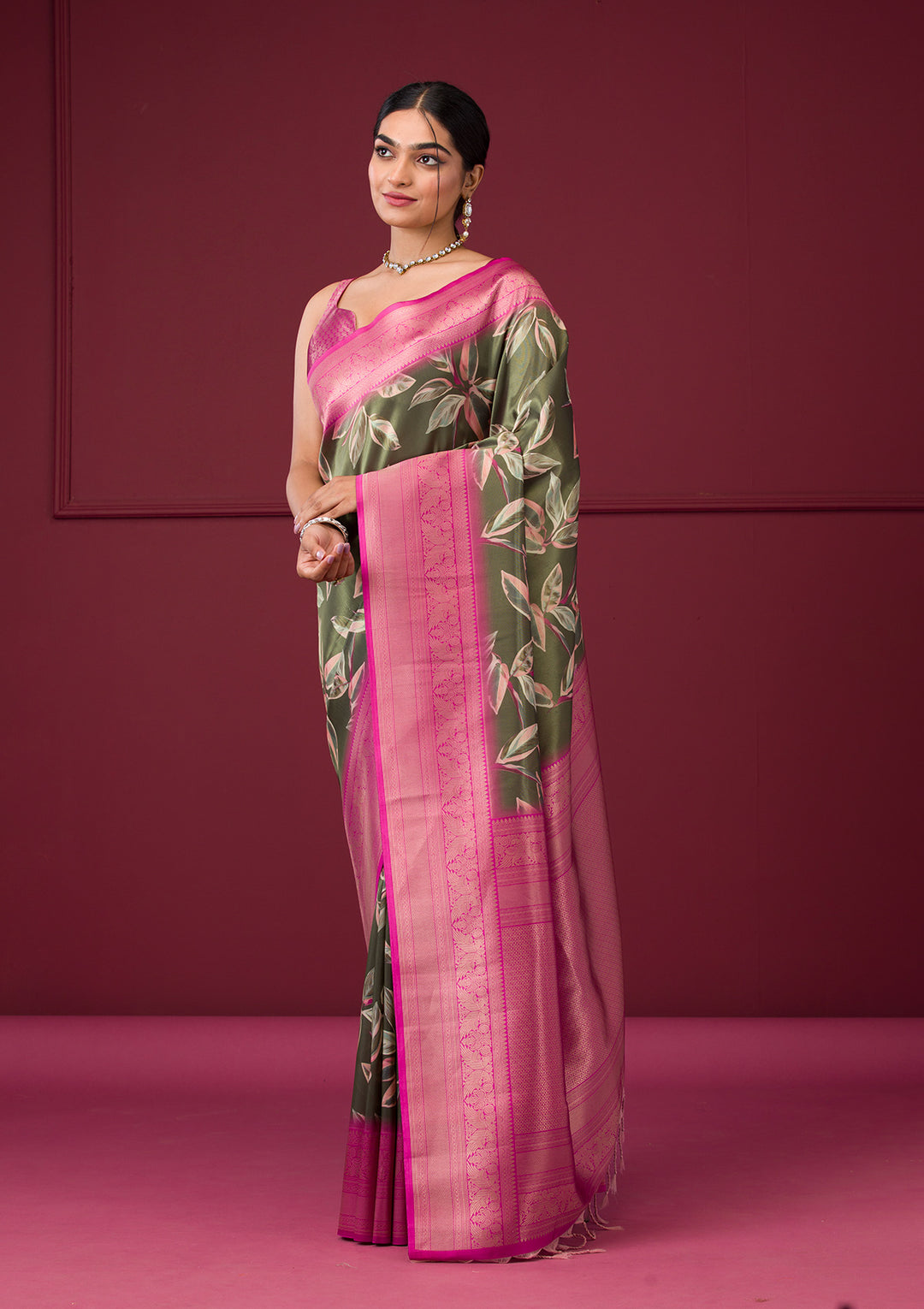 Mehendi Silk Kanjivaram Printed Saree With Matching Blouse Piece