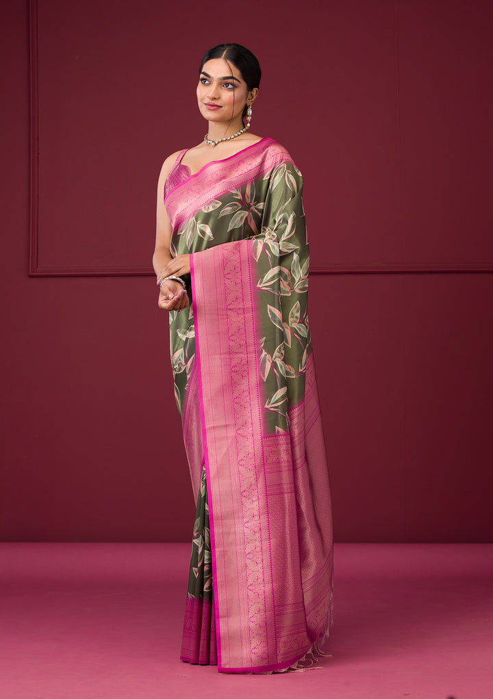 Mehendi Silk Kanjivaram Printed Saree With Matching Blouse Piece