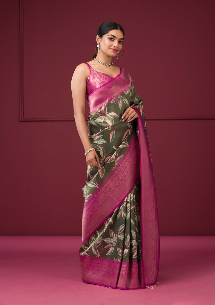 Mehendi Silk Kanjivaram Printed Saree With Matching Blouse Piece