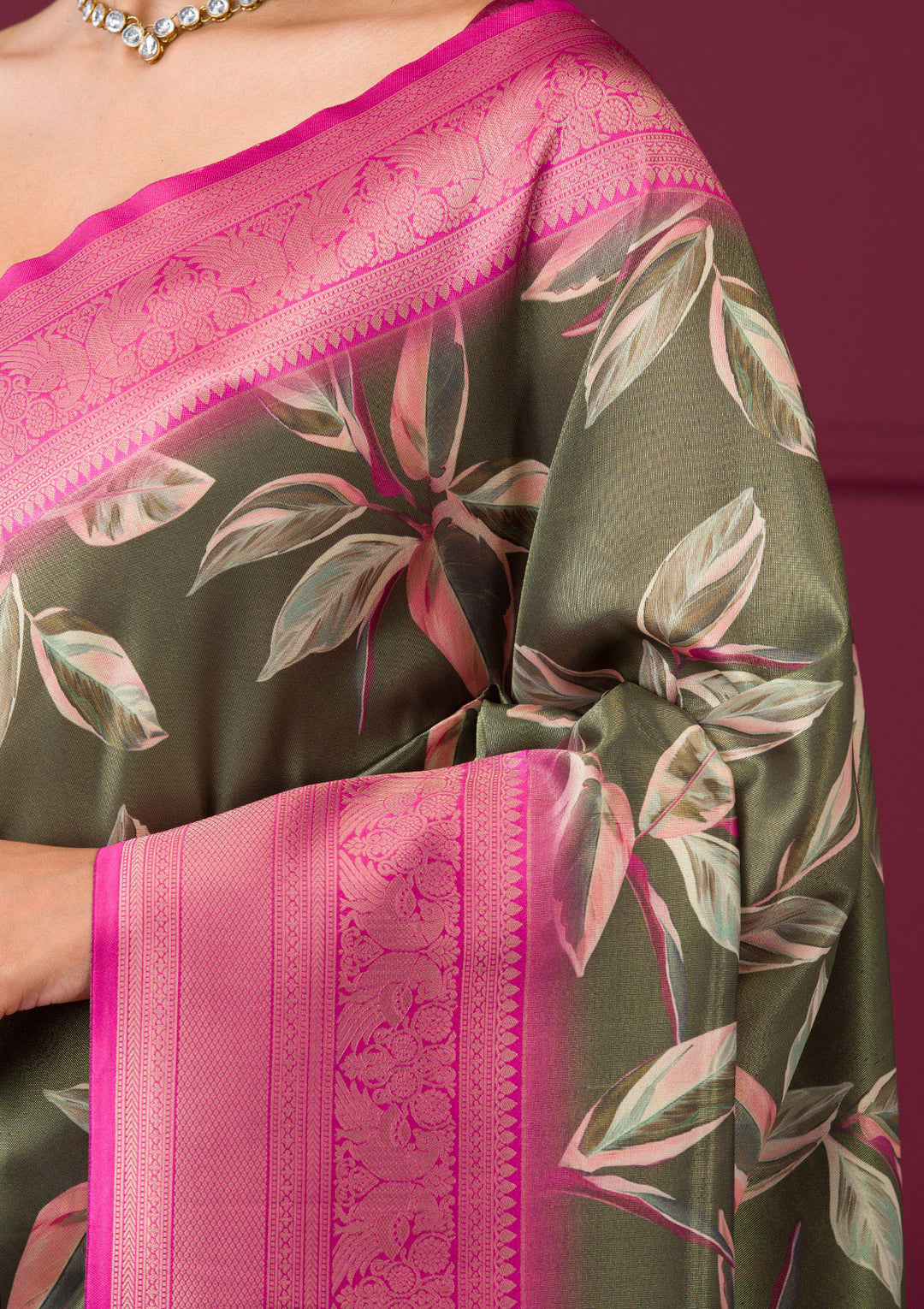 Mehendi Silk Kanjivaram Printed Saree With Matching Blouse Piece