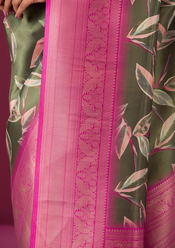 Mehendi Silk Kanjivaram Printed Saree With Matching Blouse Piece