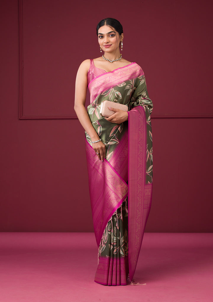 Mehendi Silk Kanjivaram Printed Saree With Matching Blouse Piece