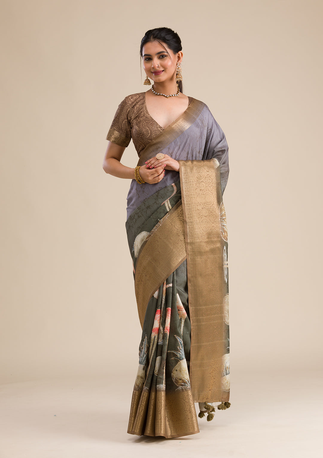 Mehendi Green Tissue Abstract Geometric Saree With Matching Blouse Piece