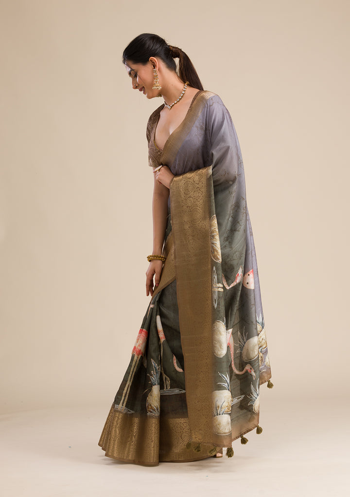 Mehendi Green Tissue Abstract Geometric Saree With Matching Blouse Piece