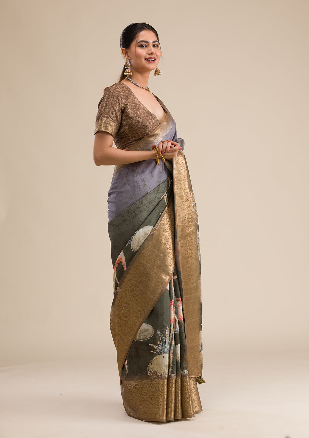 Mehendi Green Tissue Abstract Geometric Saree With Matching Blouse Piece