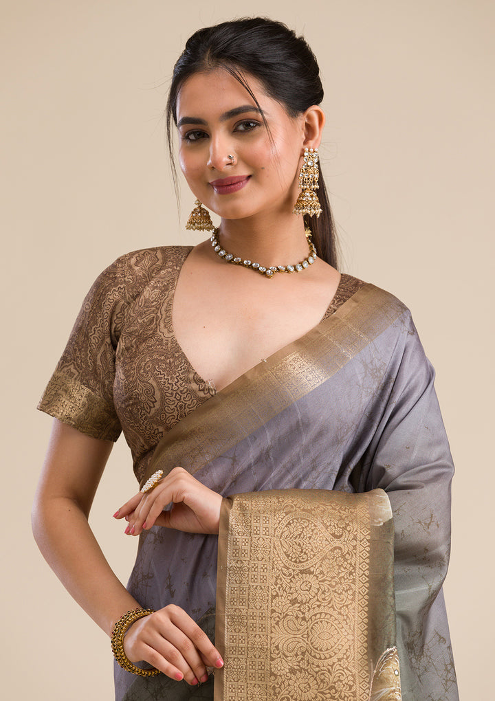 Mehendi Green Tissue Abstract Geometric Saree With Matching Blouse Piece