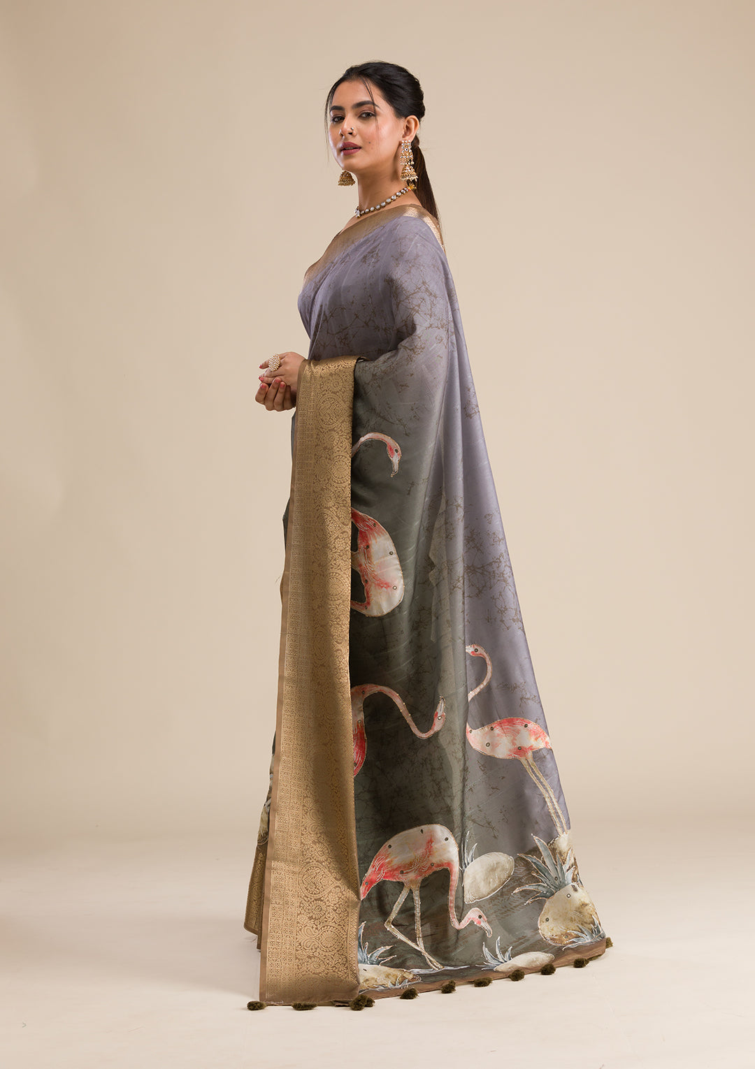 Mehendi Green Tissue Abstract Geometric Saree With Matching Blouse Piece