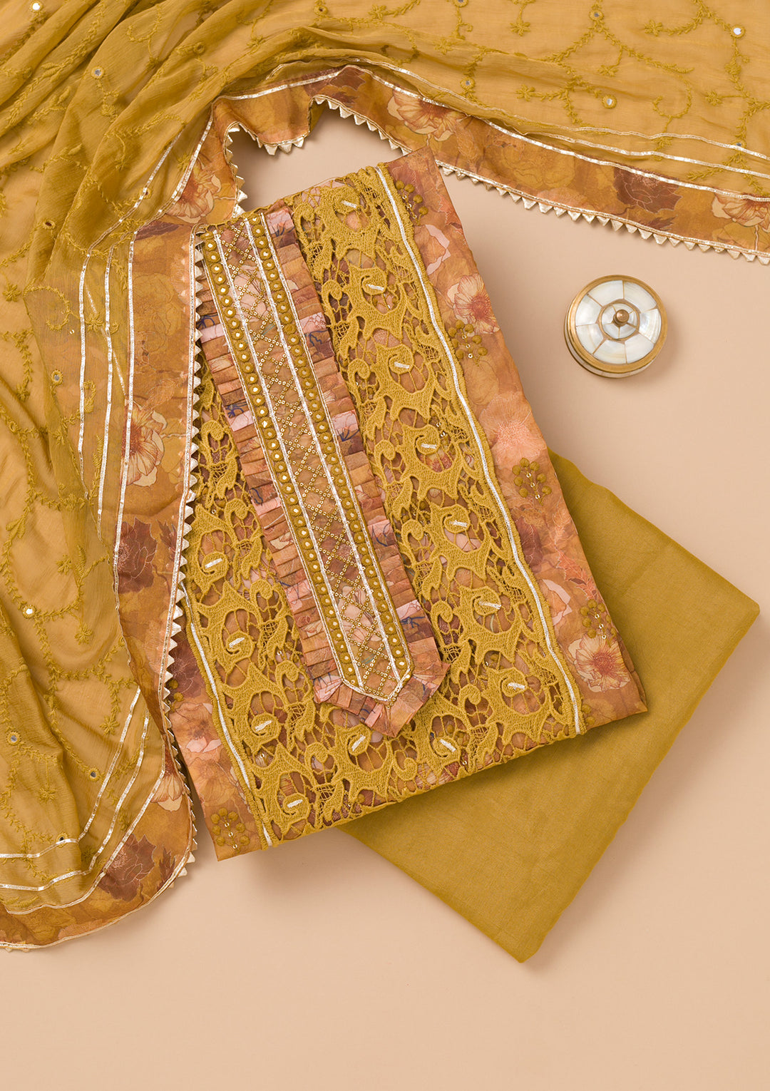 Mehendi Printed Organza Unstitched Salwar Suit