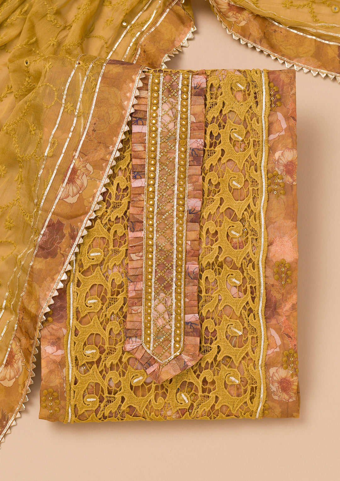 Mehendi Printed Organza Unstitched Salwar Suit