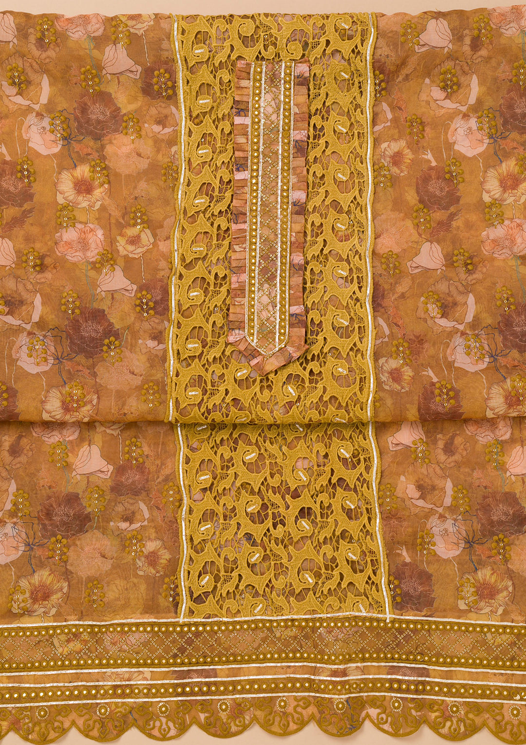 Mehendi Printed Organza Unstitched Salwar Suit