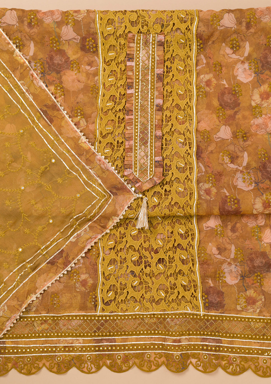 Mehendi Printed Organza Unstitched Salwar Suit