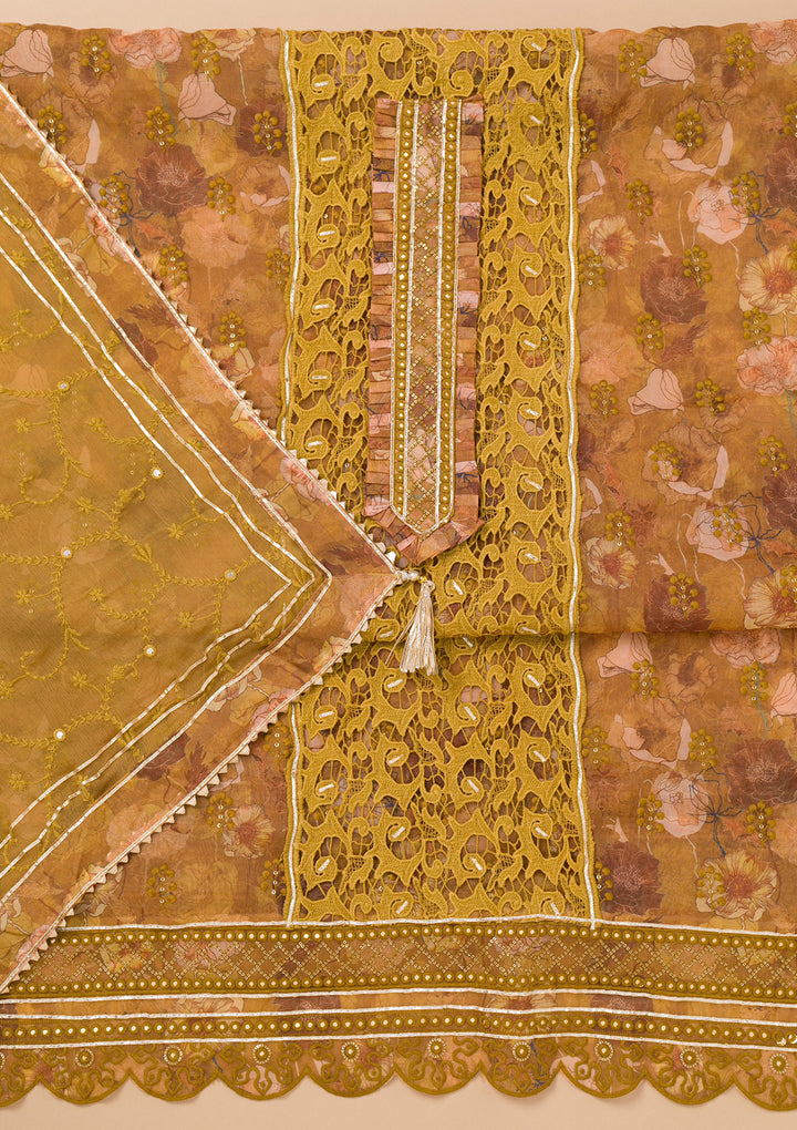 Mehendi Printed Organza Unstitched Salwar Suit