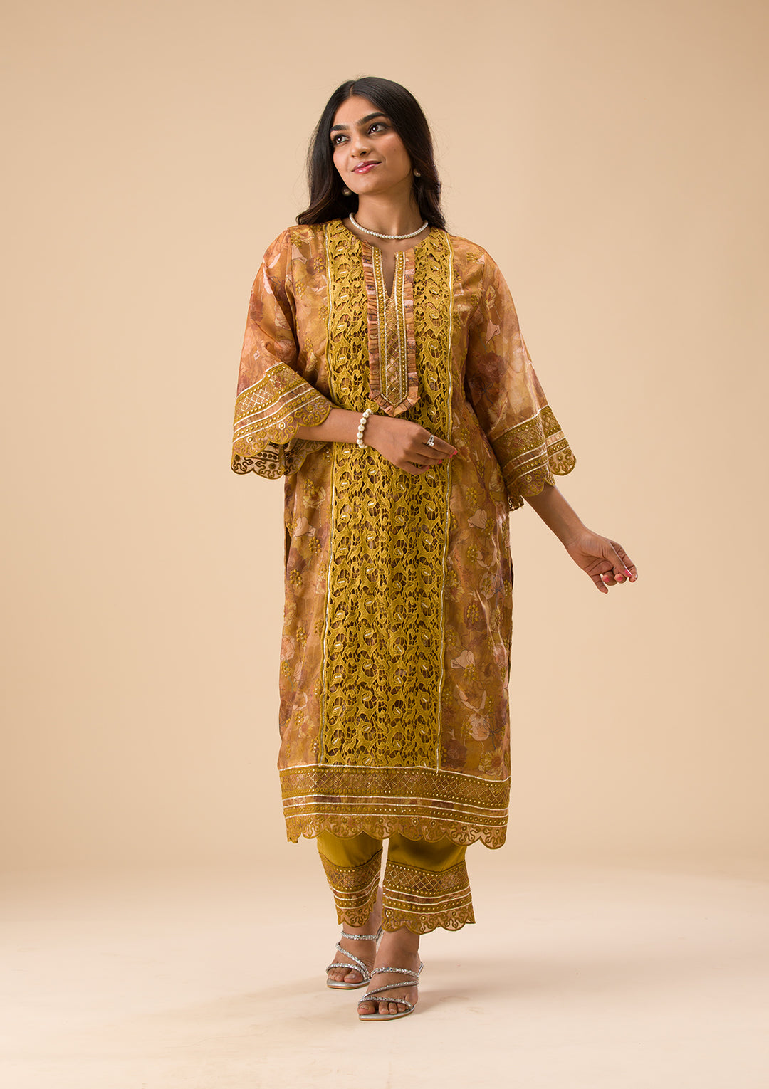 Mehendi Printed Organza Unstitched Salwar Suit