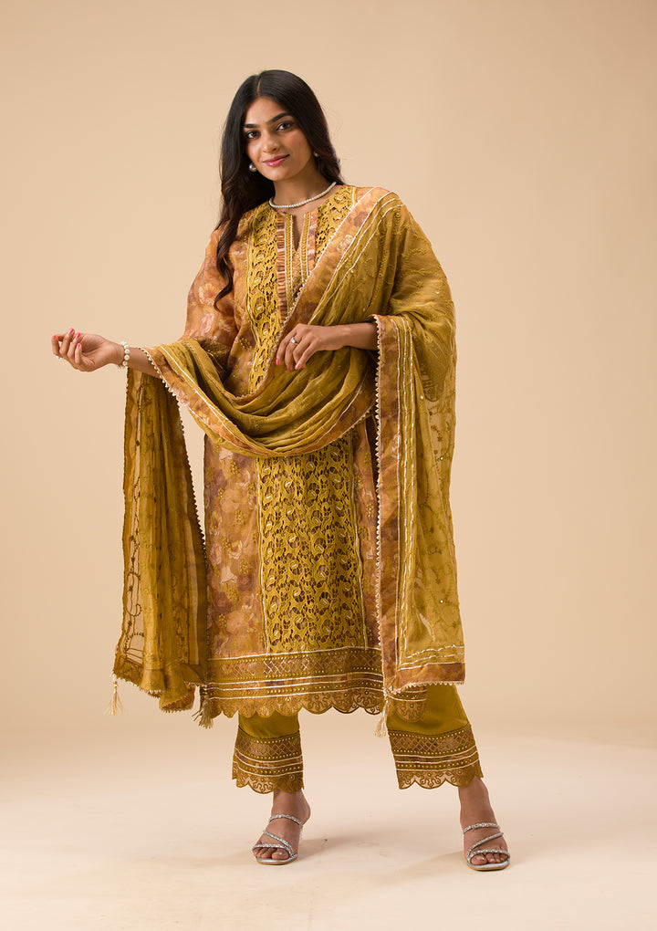 Mehendi Printed Organza Unstitched Salwar Suit