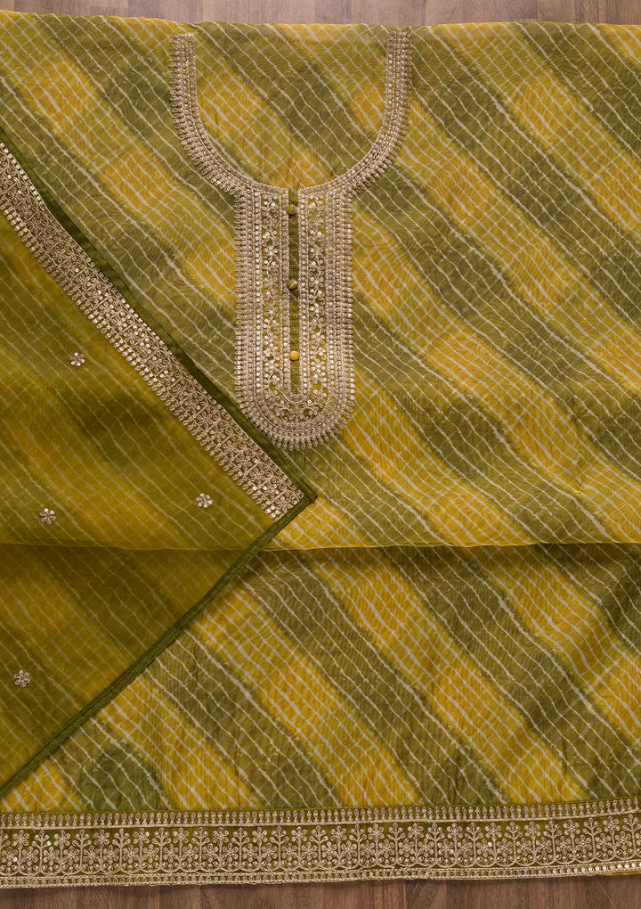 Mehendi Organza Abstract Geometric Silver Zardozi Work Unstitched Dress Material With Matching Bottom And Dupatta