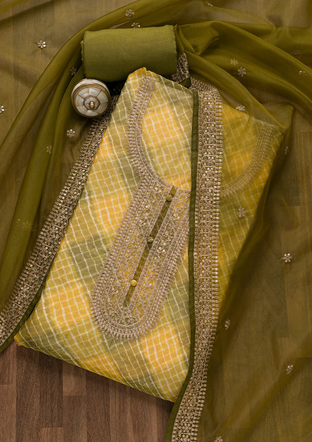 Mehendi Organza Abstract Geometric Silver Zardozi Work Unstitched Dress Material With Matching Bottom And Dupatta