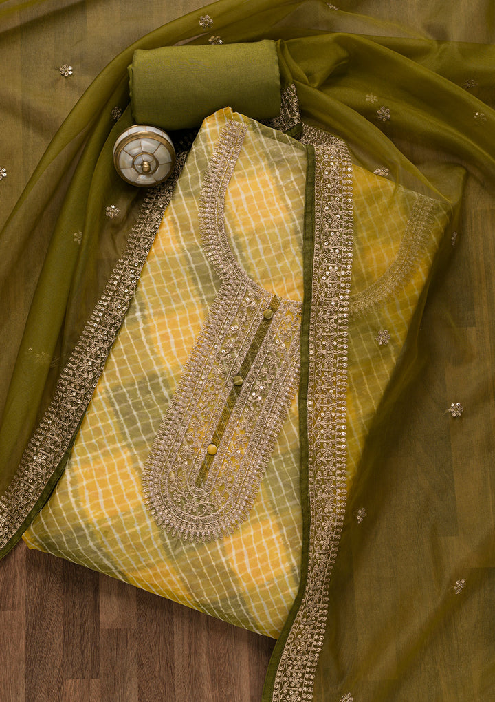 Mehendi Organza Abstract Geometric Silver Zardozi Work Unstitched Dress Material With Matching Bottom And Dupatta