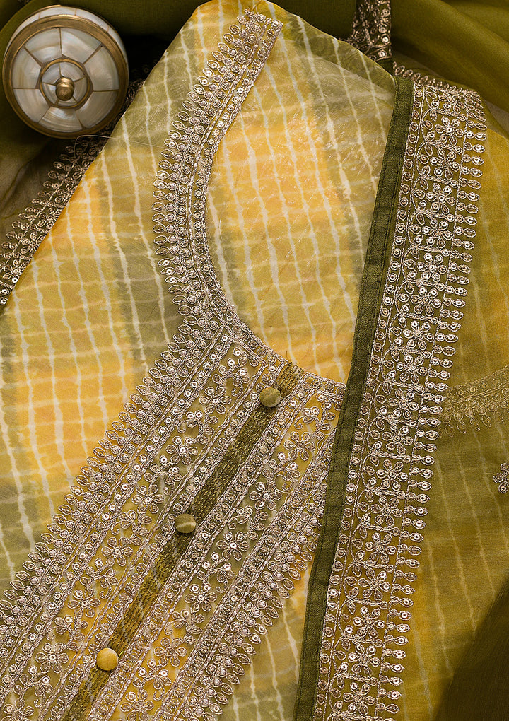 Mehendi Organza Abstract Geometric Silver Zardozi Work Unstitched Dress Material With Matching Bottom And Dupatta