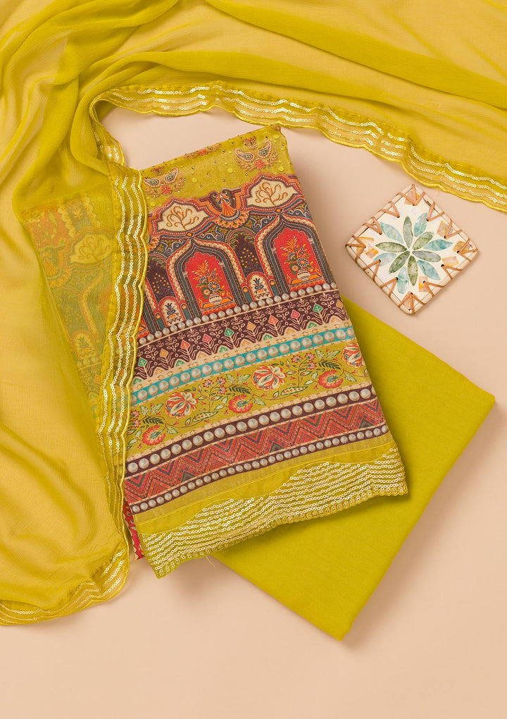 Parrot Green Tissue Sequins Unstitched Dress Material With Matching Bottom And Dupatta