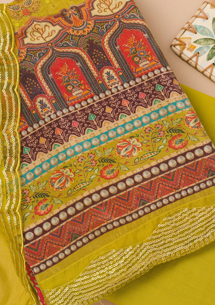 Parrot Green Tissue Sequins Unstitched Dress Material With Matching Bottom And Dupatta