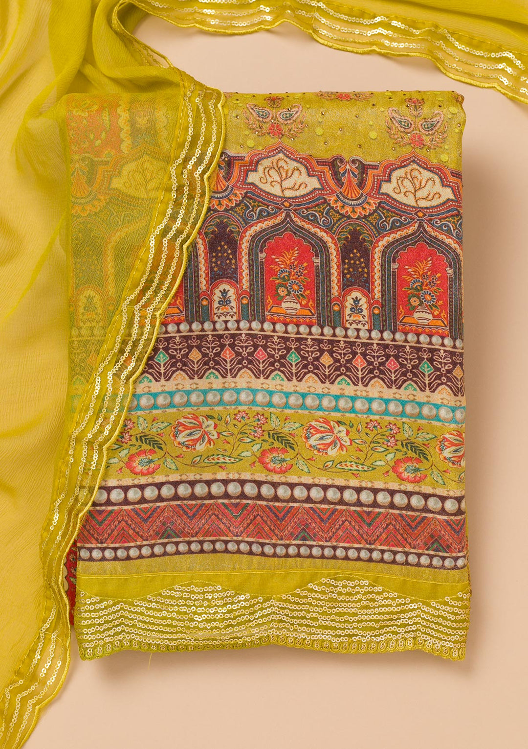 Parrot Green Tissue Sequins Unstitched Dress Material With Matching Bottom And Dupatta
