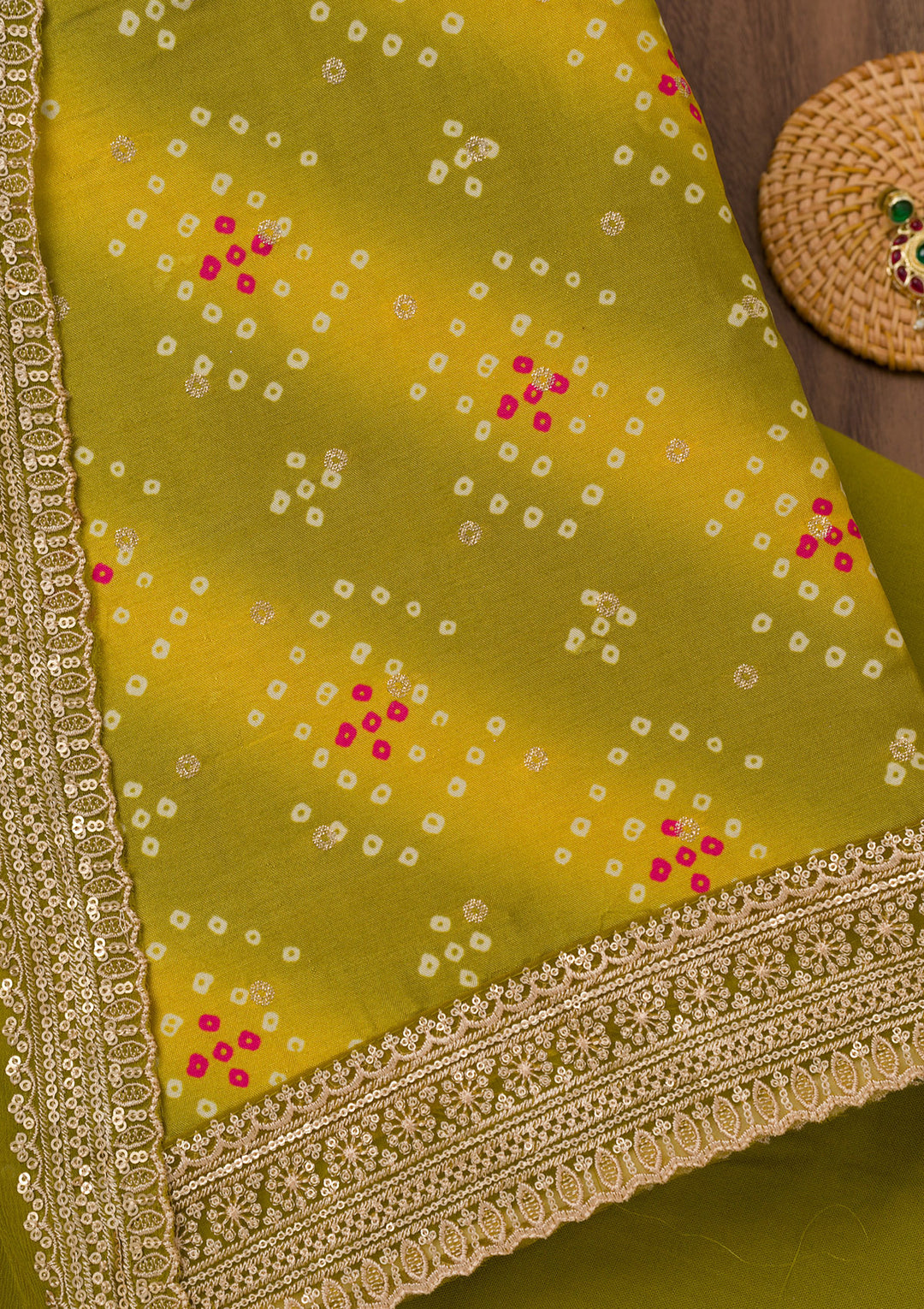 Mehendi Green Multi Tissue Bandhej Silver Zariwork Unstitched Dress Material With Matching Bottom And Dupatta