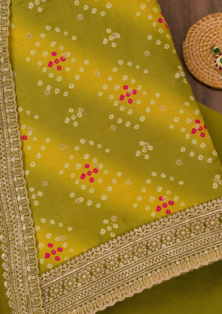 Mehendi Green Multi Tissue Bandhej Silver Zariwork Unstitched Dress Material With Matching Bottom And Dupatta