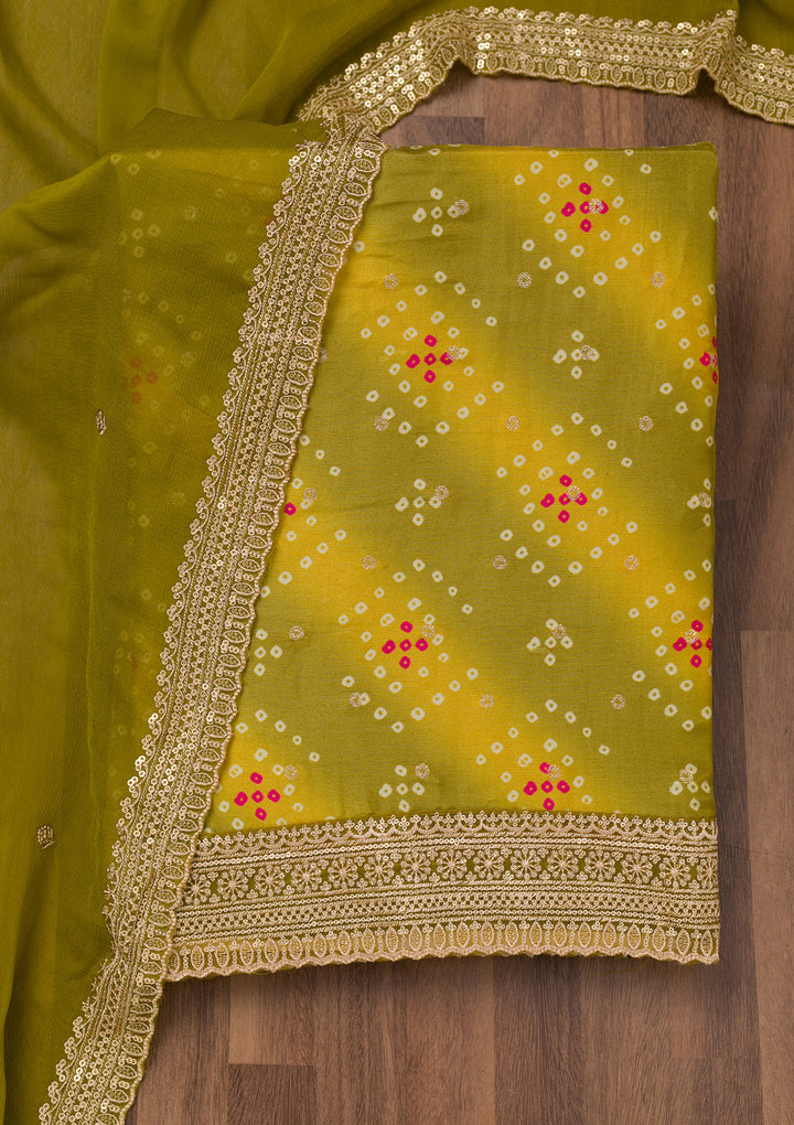 Mehendi Green Multi Tissue Bandhej Silver Zariwork Unstitched Dress Material With Matching Bottom And Dupatta