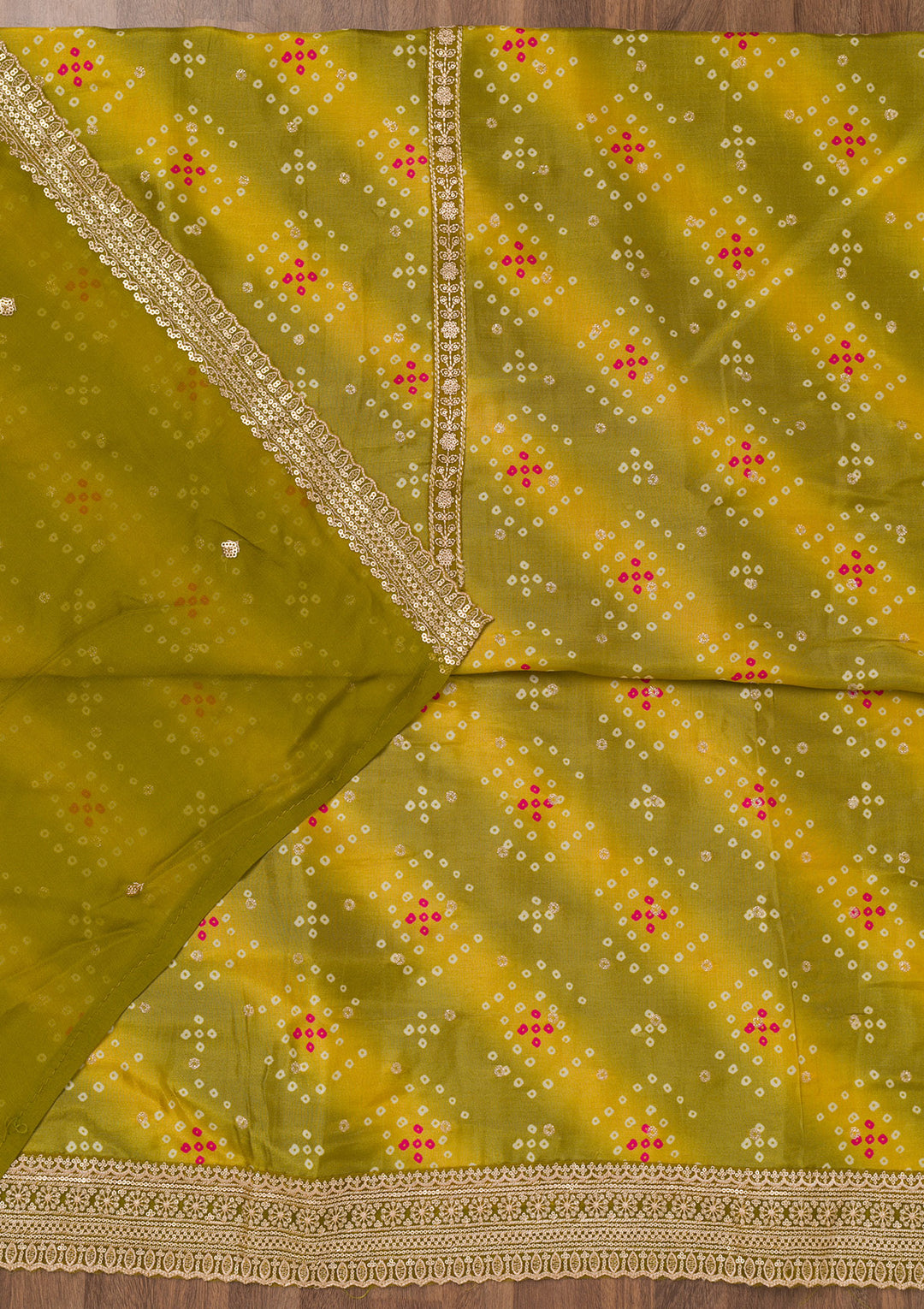 Mehendi Green Multi Tissue Bandhej Silver Zariwork Unstitched Dress Material With Matching Bottom And Dupatta
