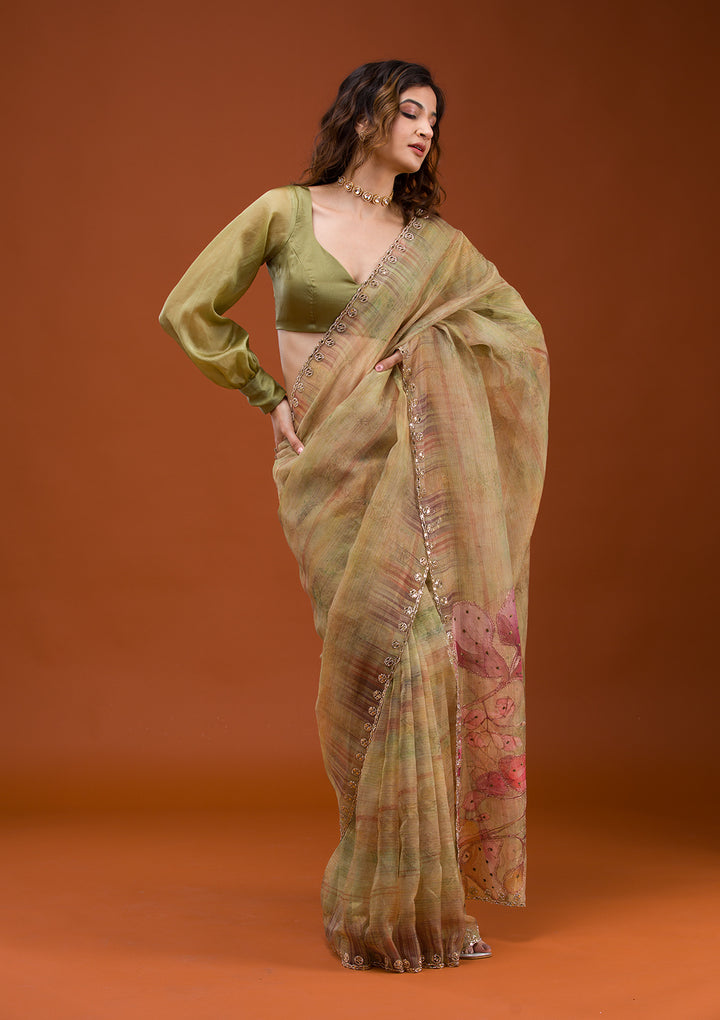 Mehendi Green Organza Floral Gold Zariwork Saree With Matching Blouse Piece