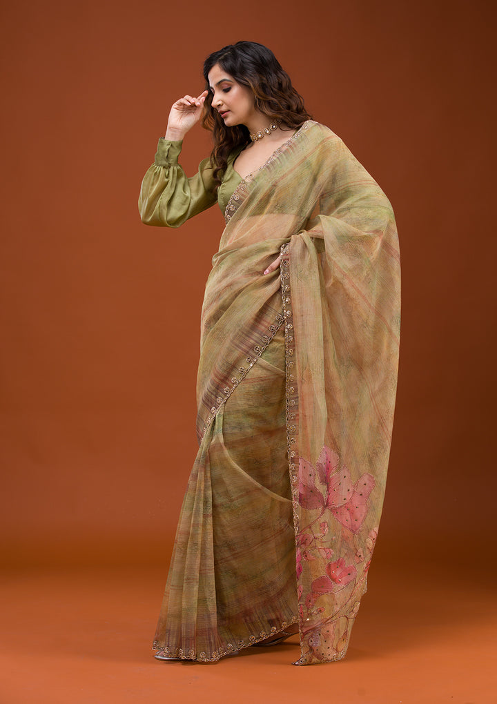 Mehendi Green Organza Floral Gold Zariwork Saree With Matching Blouse Piece