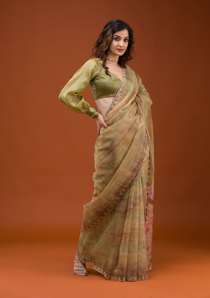 Mehendi Green Organza Floral Gold Zariwork Saree With Matching Blouse Piece