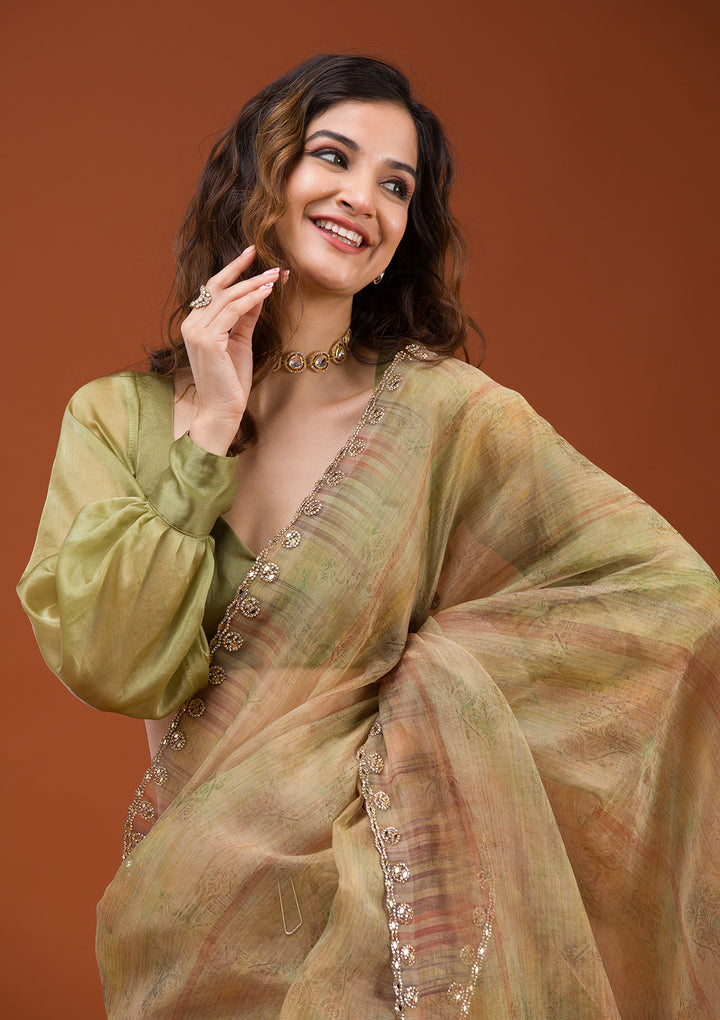 Mehendi Green Organza Floral Gold Zariwork Saree With Matching Blouse Piece