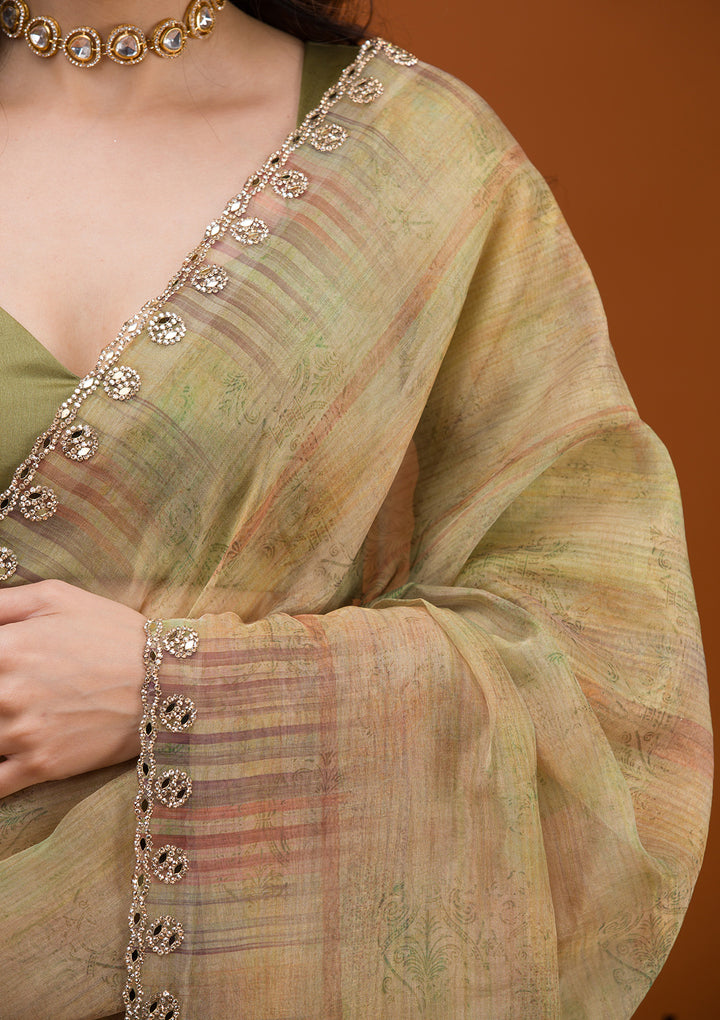Mehendi Green Organza Floral Gold Zariwork Saree With Matching Blouse Piece