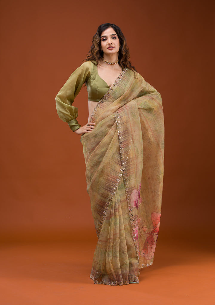 Mehendi Green Organza Floral Gold Zariwork Saree With Matching Blouse Piece