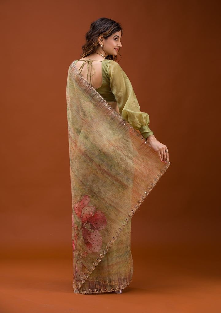 Mehendi Green Organza Floral Gold Zariwork Saree With Matching Blouse Piece