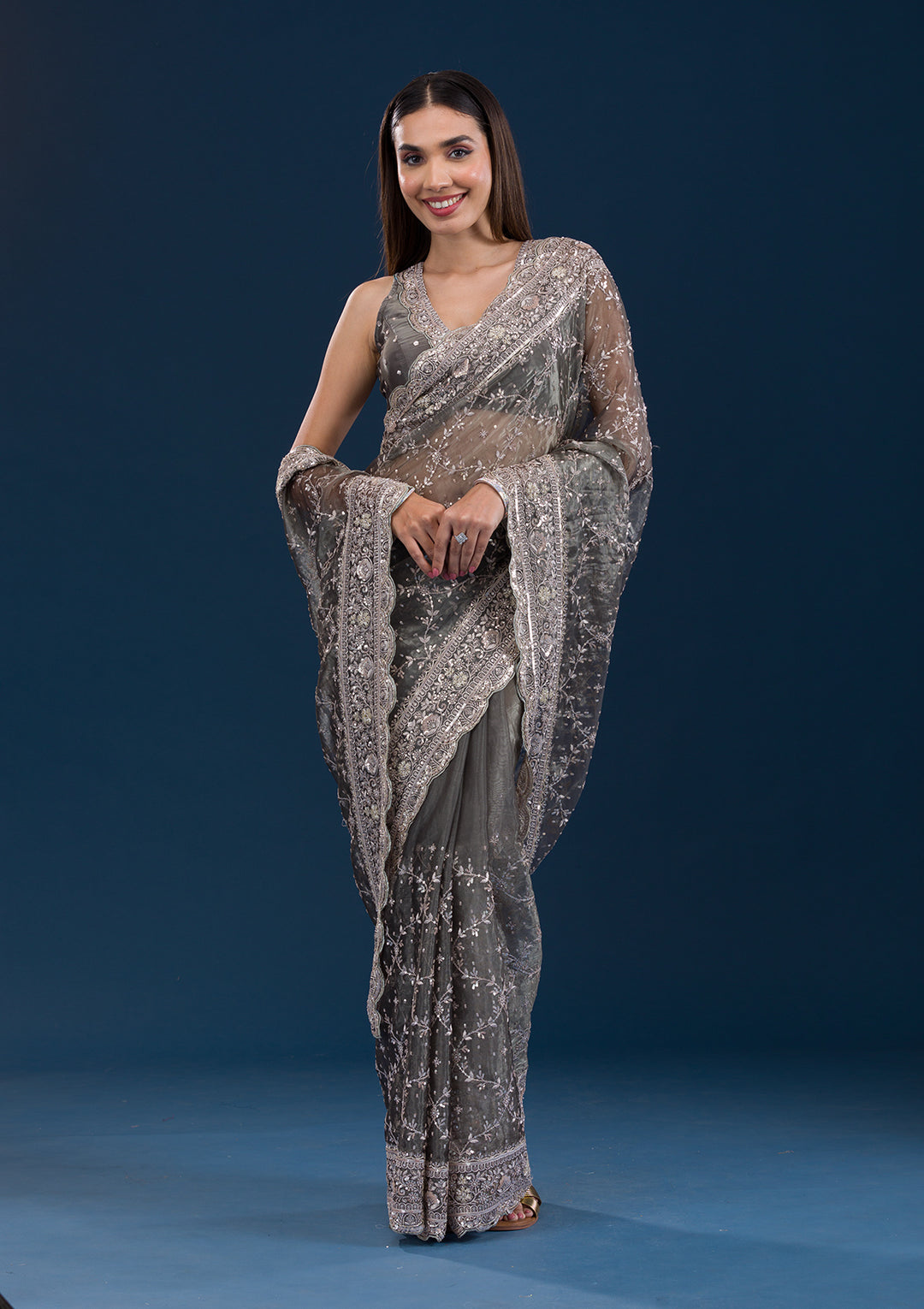 Mehendi Sequins Tissue Saree