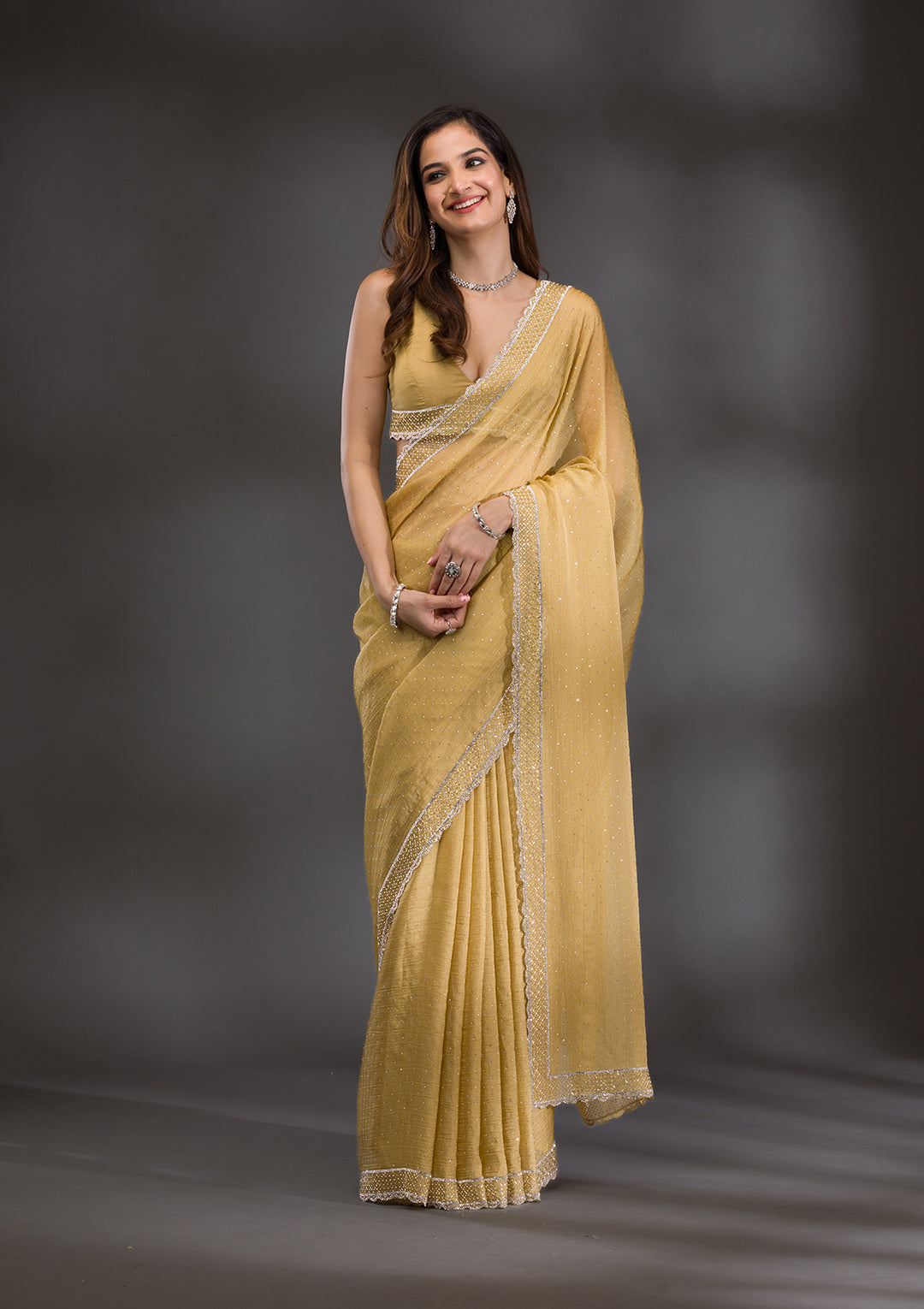 Mehendi Silver Stonework Tissue Saree