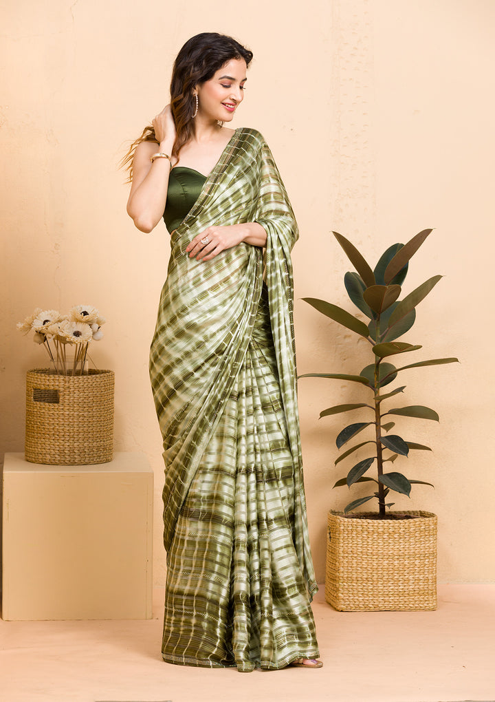 Mehendi Satin Bandhej Swarovski Saree With Matching Blouse Piece
