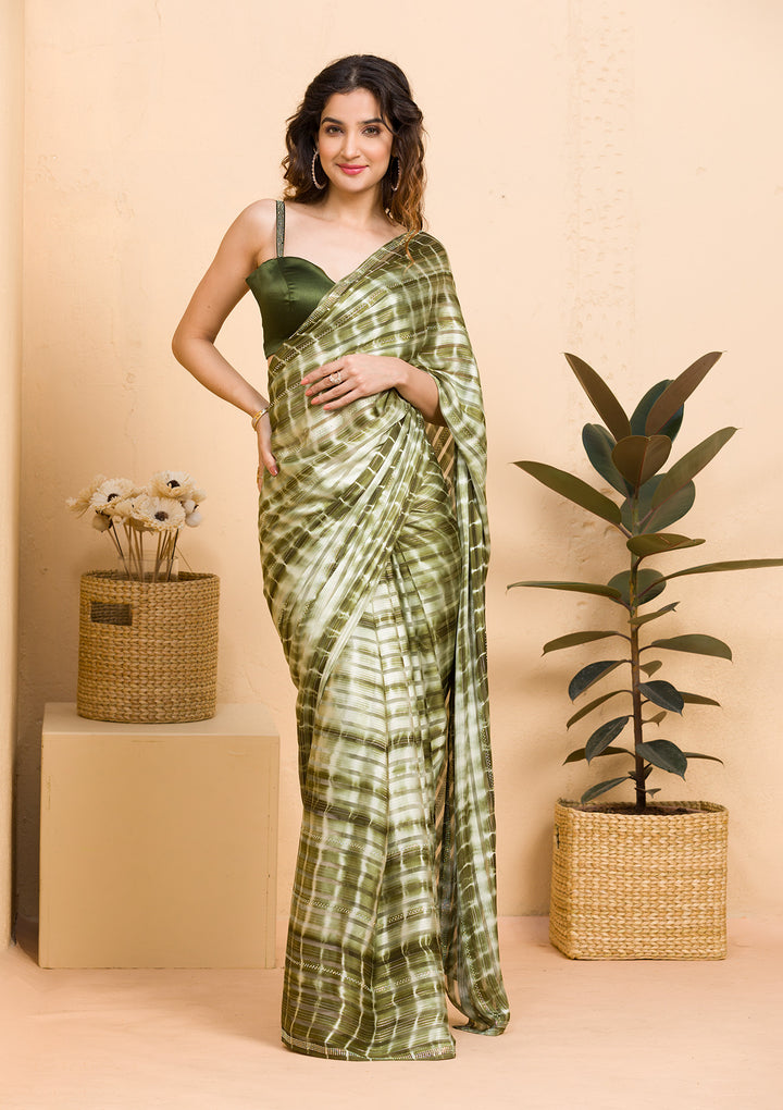 Mehendi Satin Bandhej Swarovski Saree With Matching Blouse Piece