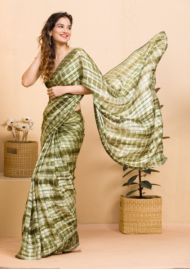 Mehendi Satin Bandhej Swarovski Saree With Matching Blouse Piece