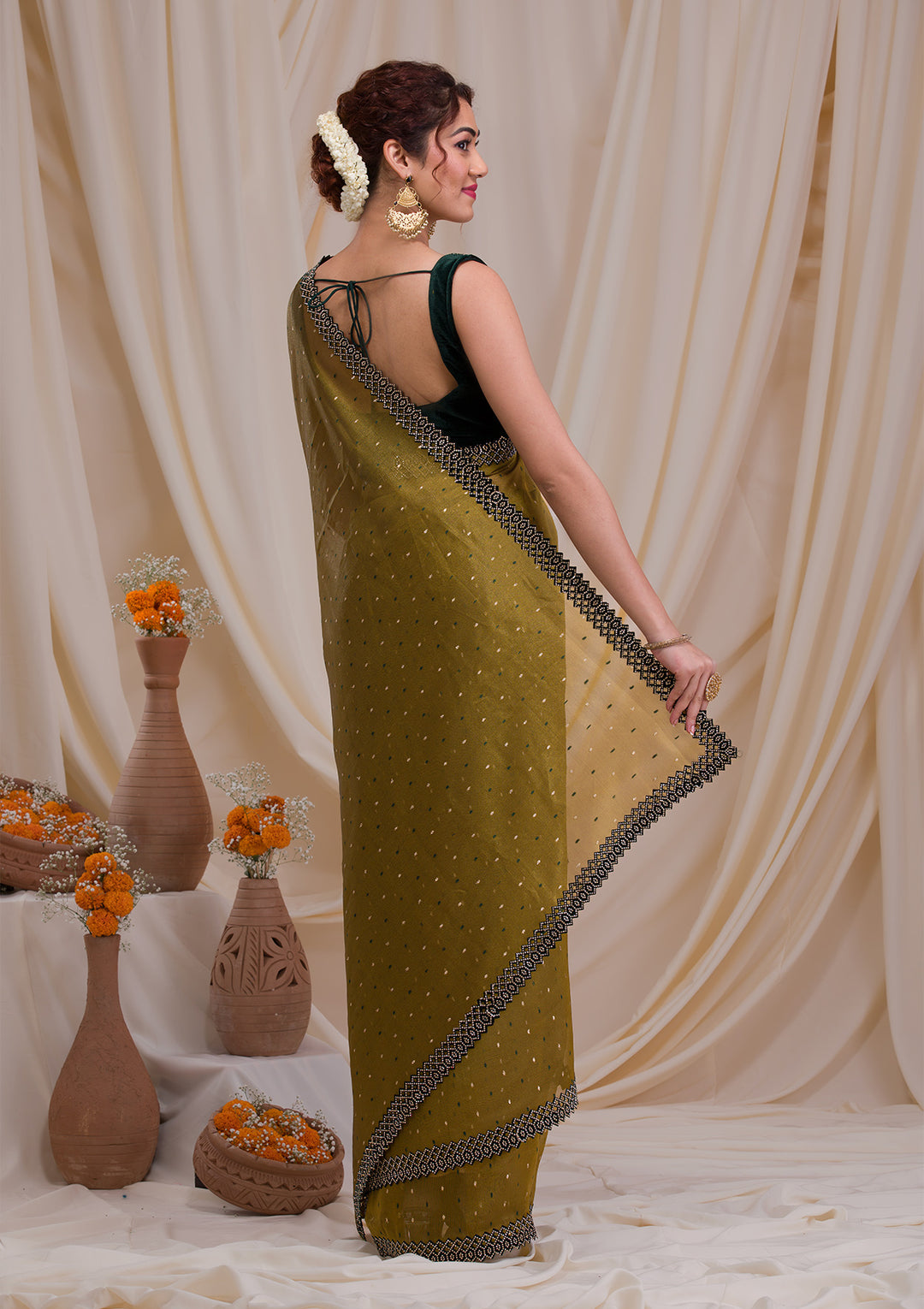 Mehendi Tissue Swarovski Saree With Matching Blouse Piece