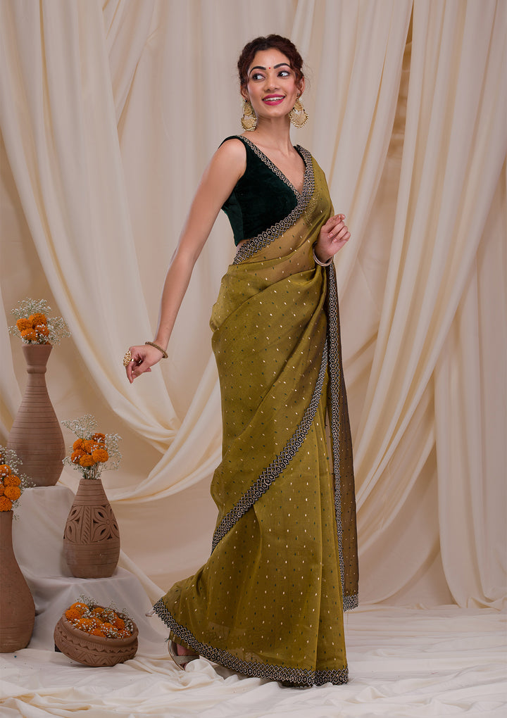 Mehendi Tissue Swarovski Saree With Matching Blouse Piece