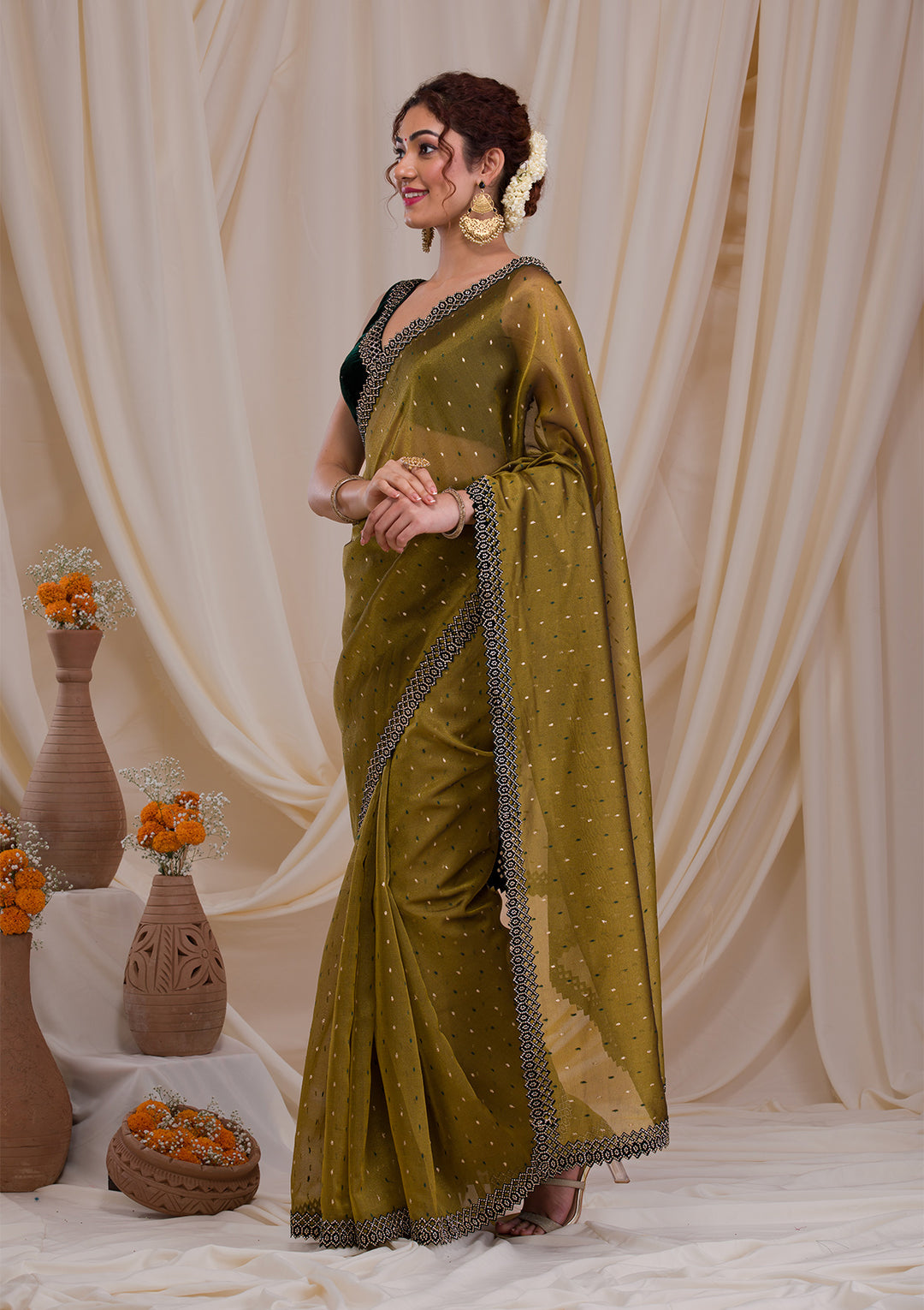 Mehendi Tissue Swarovski Saree With Matching Blouse Piece