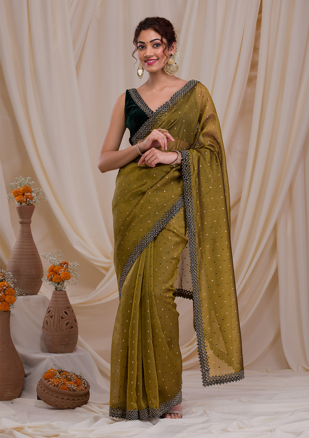 Mehendi Tissue Swarovski Saree With Matching Blouse Piece