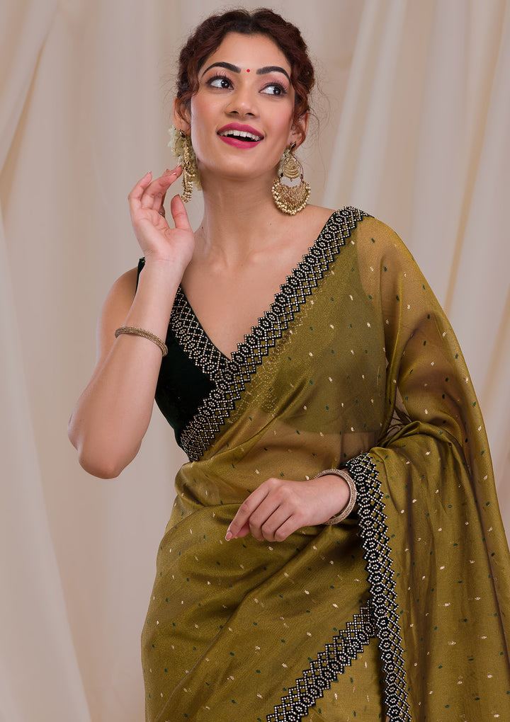 Mehendi Tissue Swarovski Saree With Matching Blouse Piece